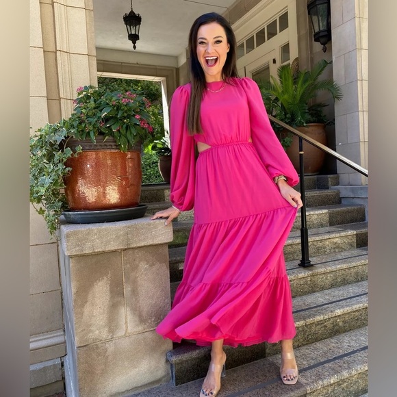 Aura Tiered Maxi Dress Cut Out Long Sleeve Chiffon Hot Pink Size S - Picture 1 of 16